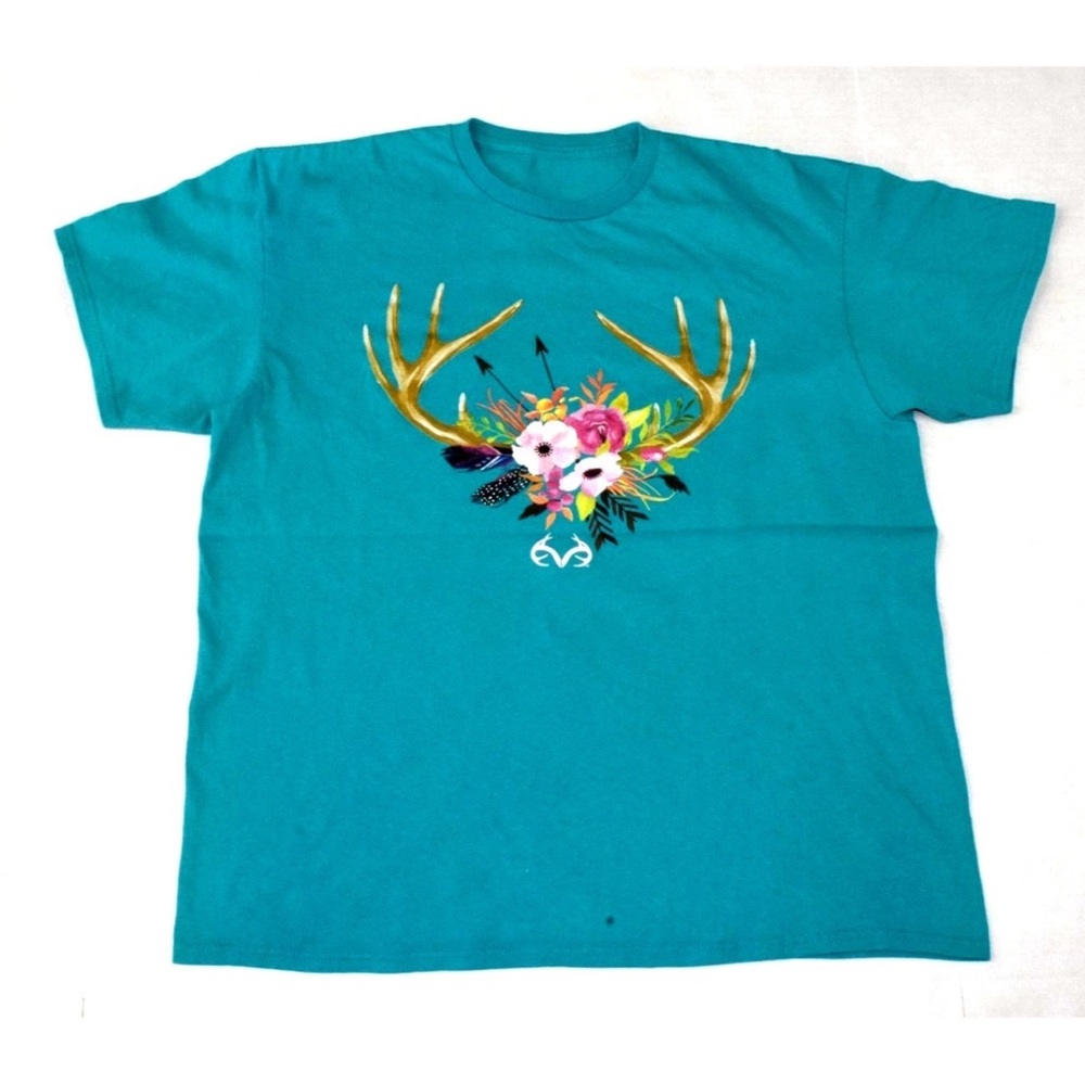 Realtree Teal Short Sleeve Tee with Floral Antler Graphic